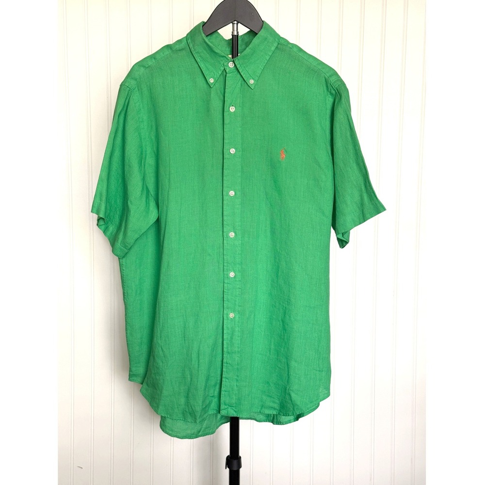 Ralph Lauren Linen Button Up Shirt Mens L Green Classic Fit Short Sleeve Resort